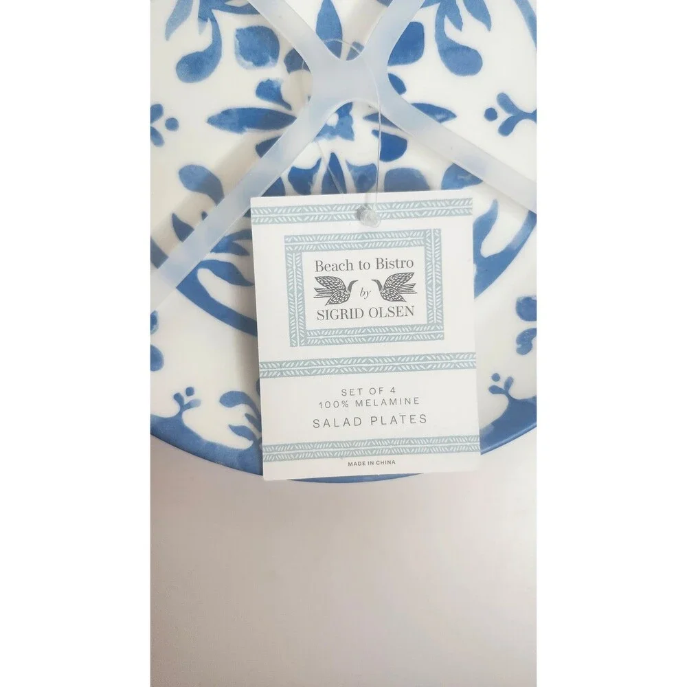 Sigrid Olsen Beach To Bistro Blue Floral Scroll MELAMINE Salad Plates Set Of 4